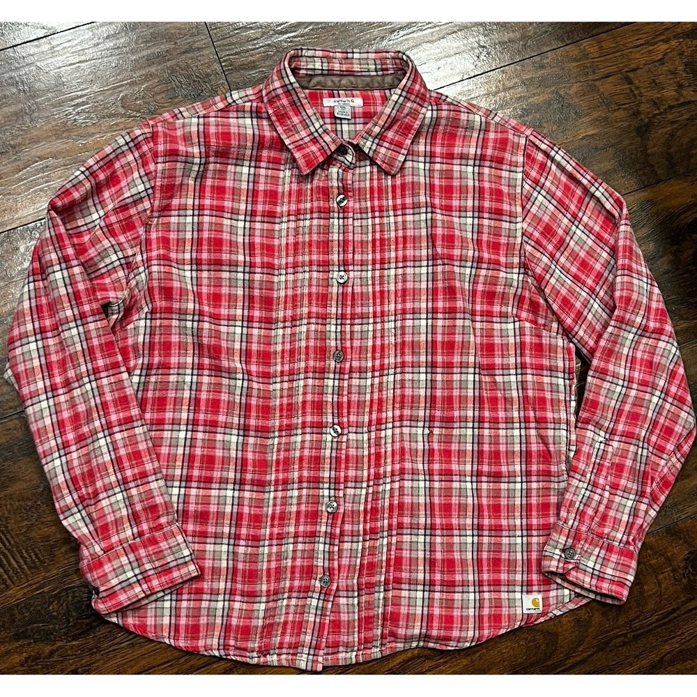 Carhartt Flannel Pink Plaid Button Up Pleated Long Sleeve Top, Women's Size XXL‎